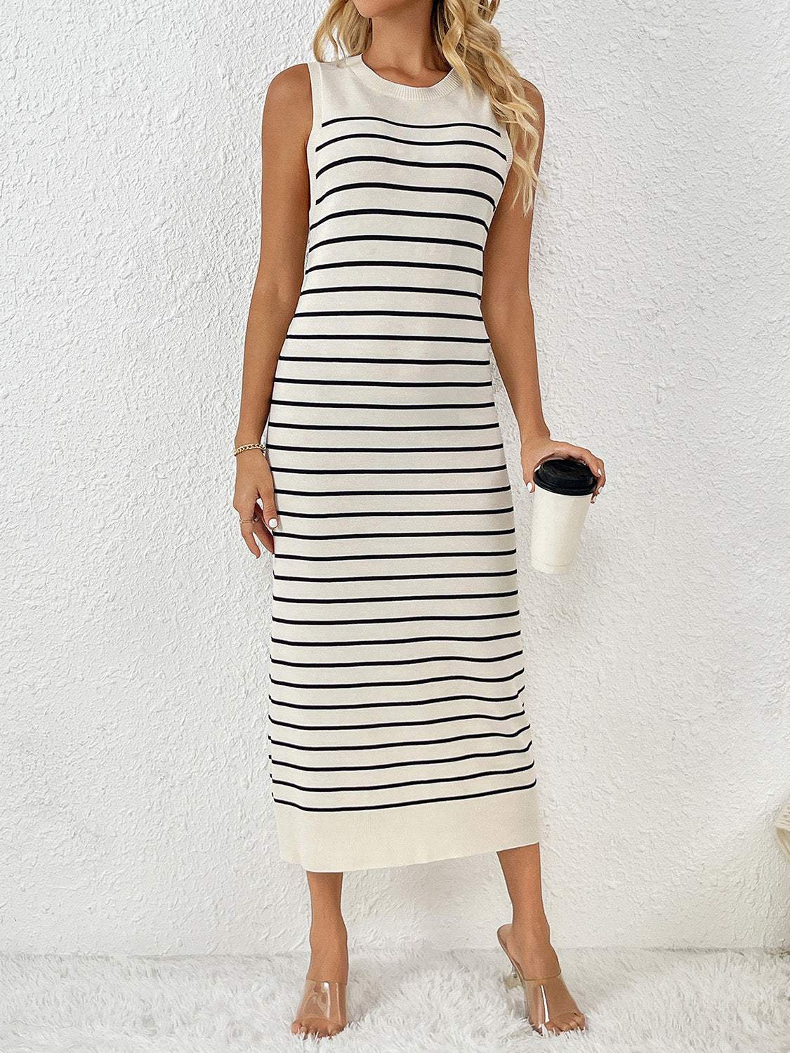 Round Neck Sleeve Midi Knit Dress - Trendsi - Flyclothing LLC