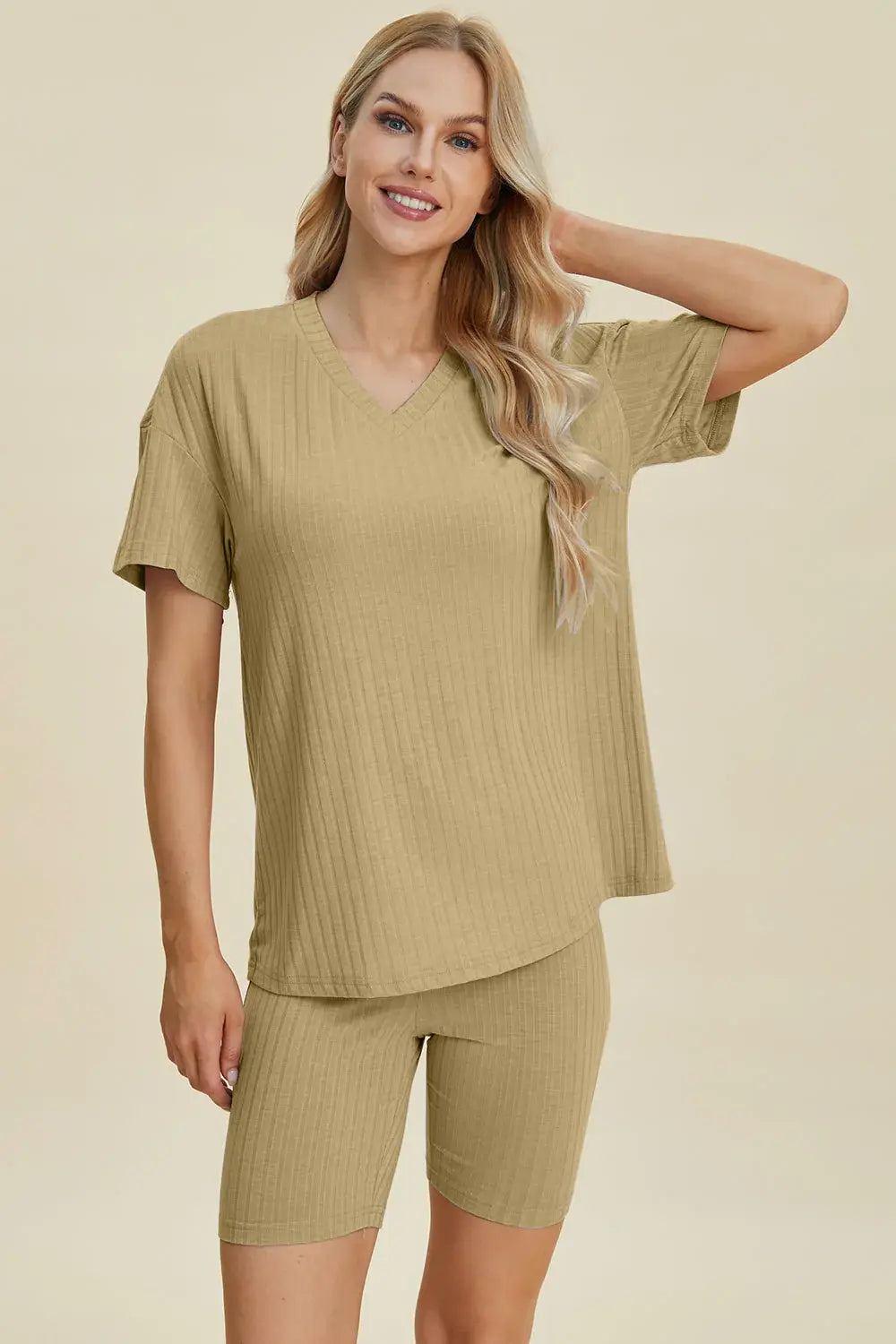 Basic Bae Full Size Ribbed V-Neck Short Sleeve Top and Shorts Set - ShopBasicbae - Flyclothing LLC