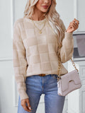 Checkered Round Neck Long Sleeve Sweater - Trendsi