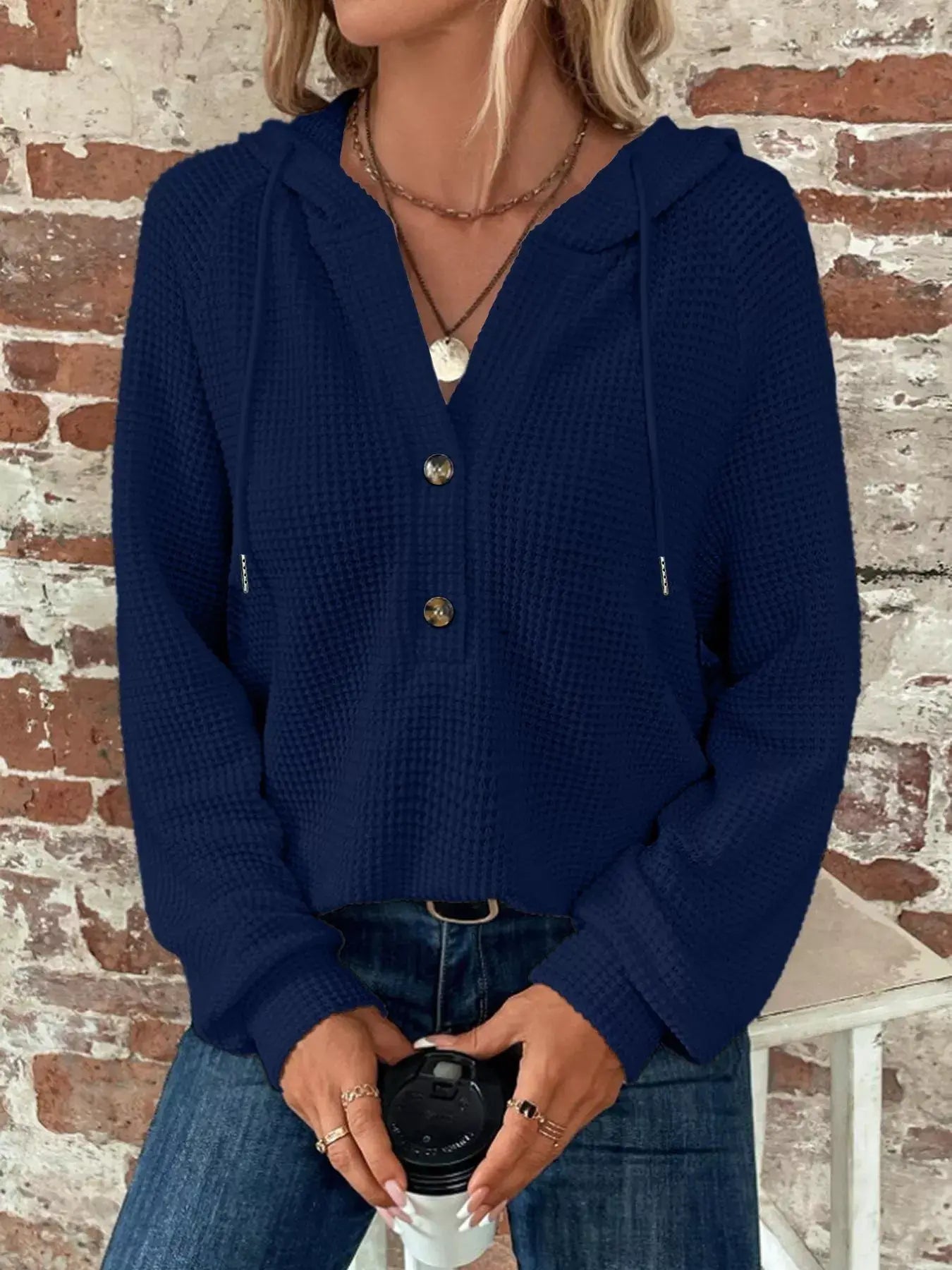 Waffle Knit Button Detail Hoodie - Trendsi - Flyclothing LLC