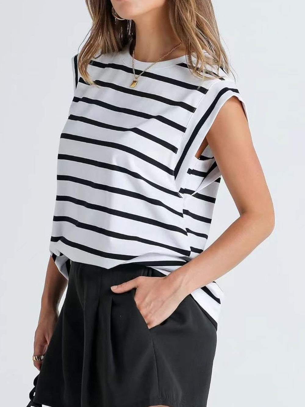 Florira Striped Round Neck Cap Sleeve T-Shirt - Trendsi