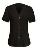 Openwork Notched Short Sleeve Top - Trendsi - Flyclothing LLC