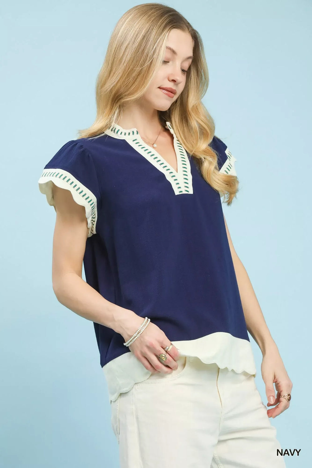 Umgee Contrast Scallop Trim Top - Trendsi - Flyclothing LLC