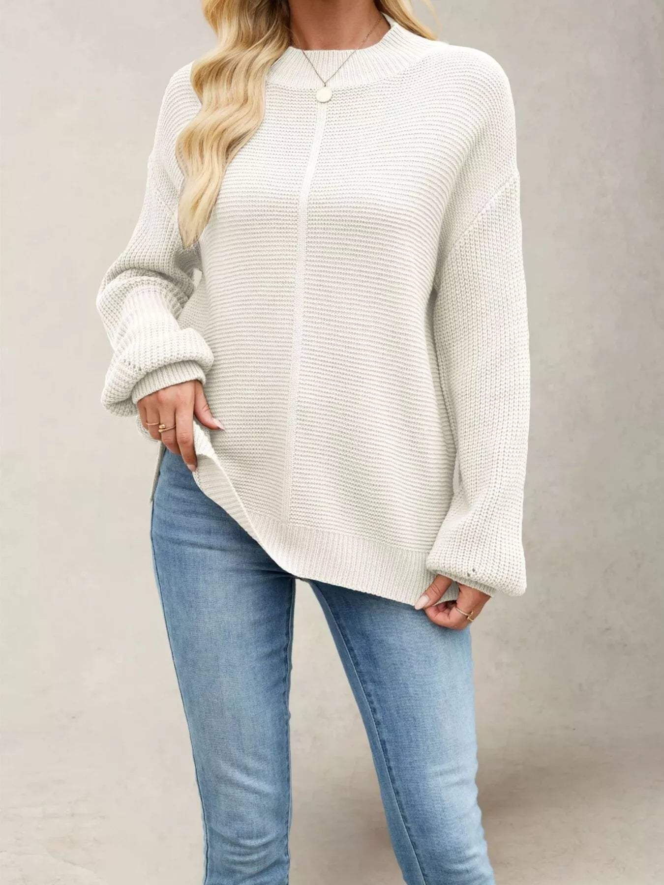 Ribbed Mock Neck Drop Shoulder Sweater - Trendsi - Flyclothing LLC