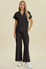 Double Take Full Size Collared Neck Short Sleeve Top and Pants Set - Trendsi - Flyclothing LLC