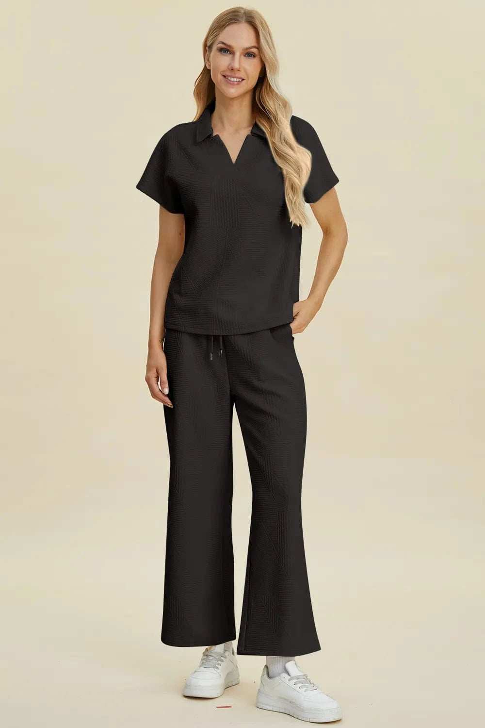 Double Take Full Size Collared Neck Short Sleeve Top and Pants Set - Trendsi - Flyclothing LLC