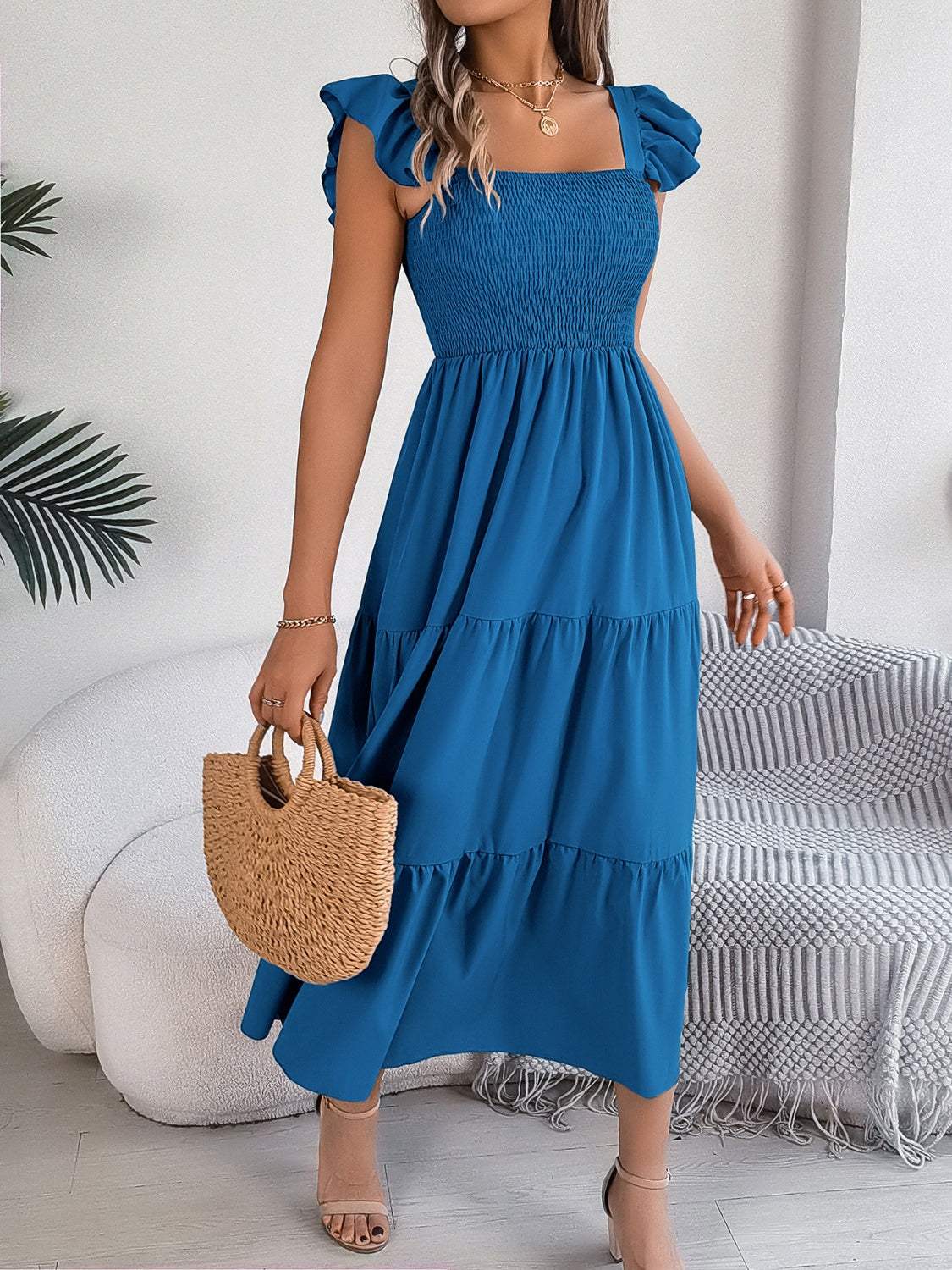 Smocked Square Neck Cap Sleeve Midi Dress - Trendsi - Flyclothing LLC