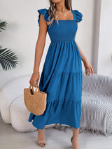 Smocked Square Neck Cap Sleeve Midi Dress - Trendsi - Flyclothing LLC