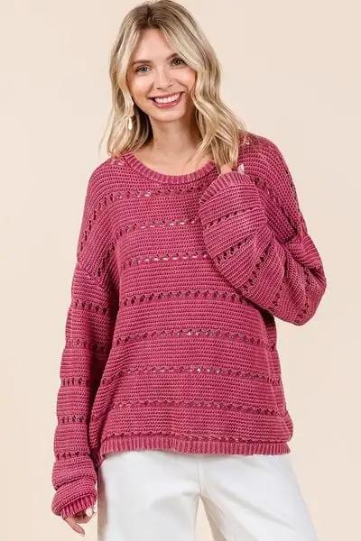 Mittoshop Openwork Round Neck Drop Shoulder Sweater - Trendsi