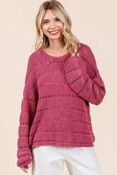Mittoshop Openwork Round Neck Drop Shoulder Sweater - Trendsi - Flyclothing LLC