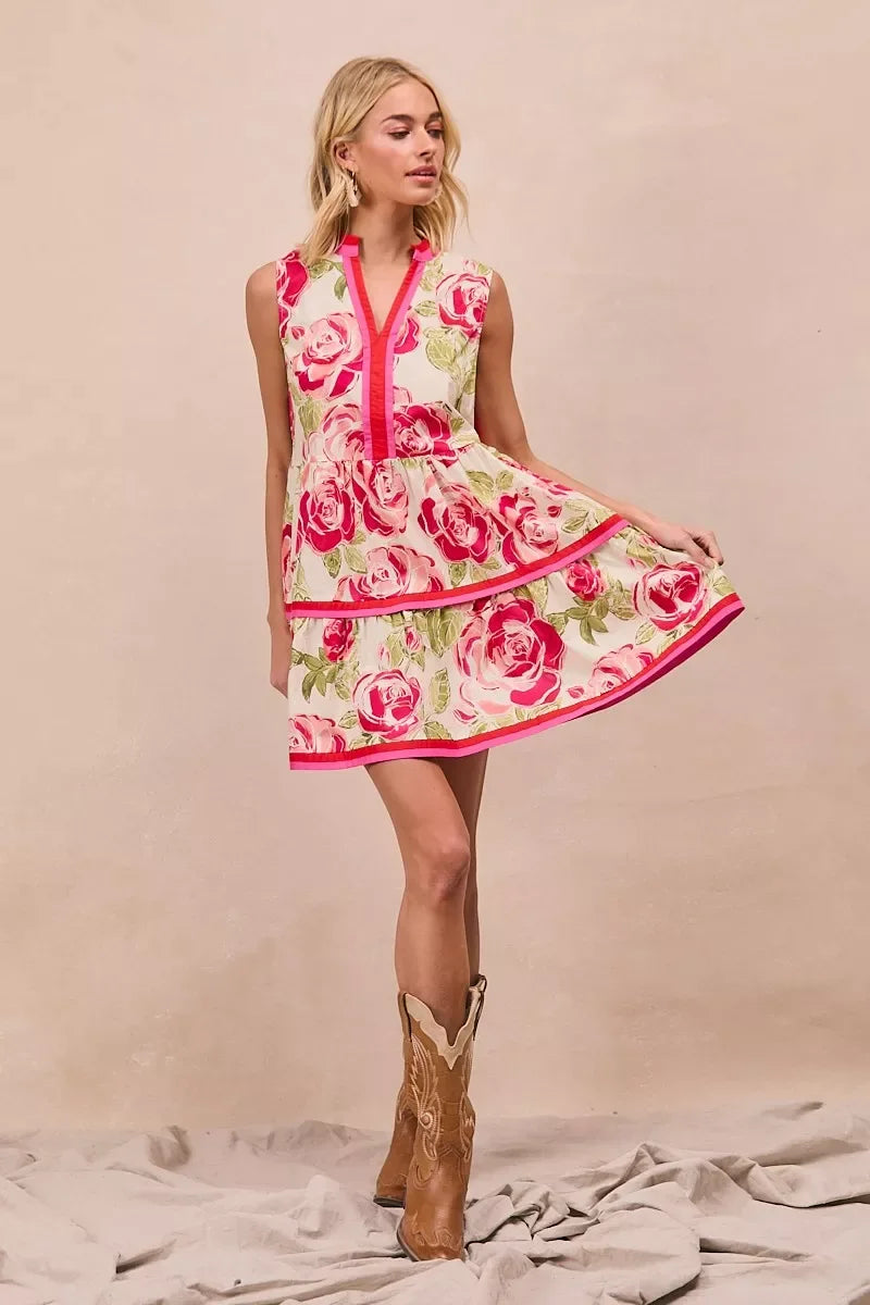 BiBi Floral Woven Contrast Edge Tiered Ruffle Mini Dress - Trendsi - Flyclothing LLC