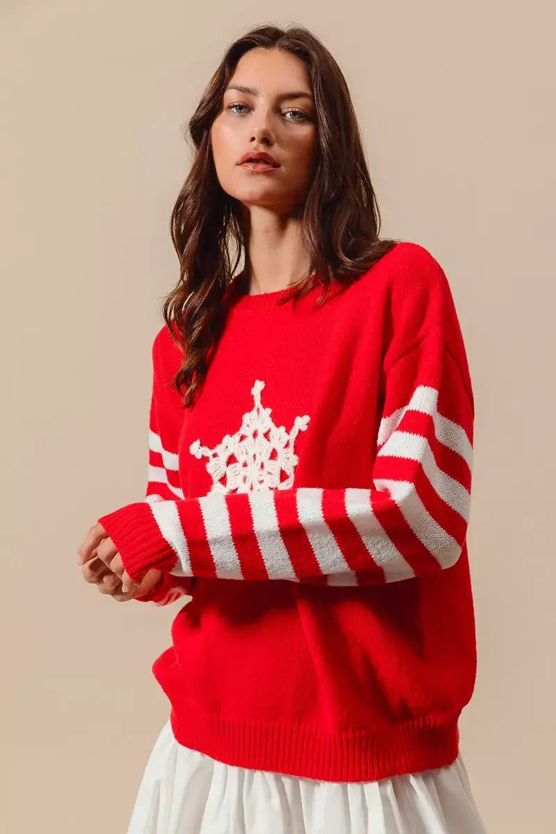 SO ME Christmas Snowflake Crochet Embellished Sweater - Trendsi - Flyclothing LLC