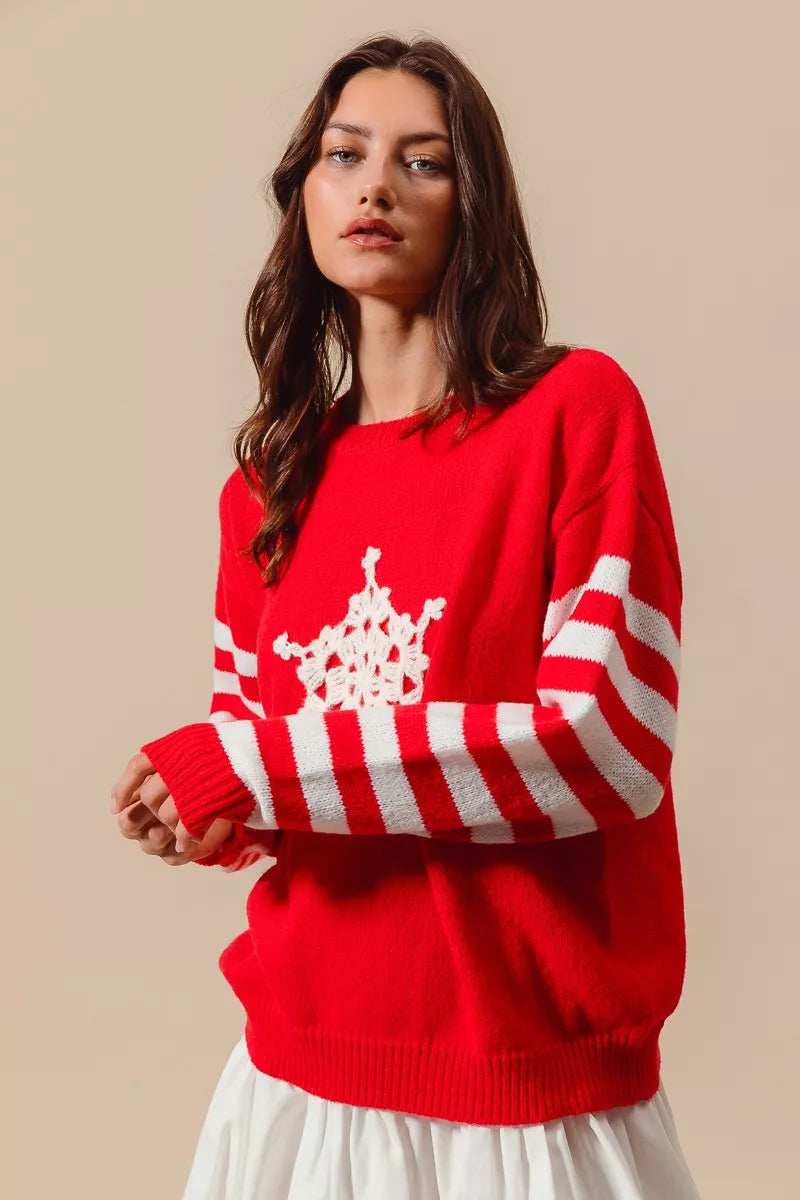 SO ME Christmas Snowflake Crochet Embellished Sweater - Trendsi - Flyclothing LLC
