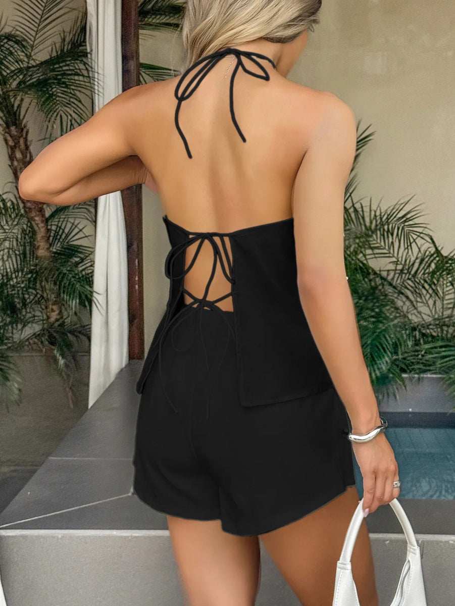 Tied Front Halter Neck Cami and Shorts Set - Trendsi - Flyclothing LLC
