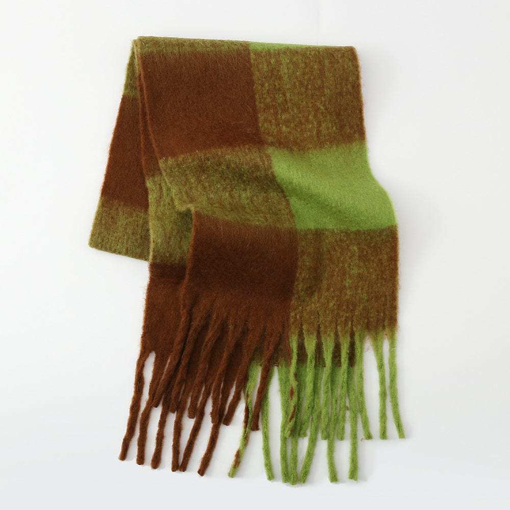 Fringe Contrast Plaid Polyester Scarf - Trendsi - Flyclothing LLC