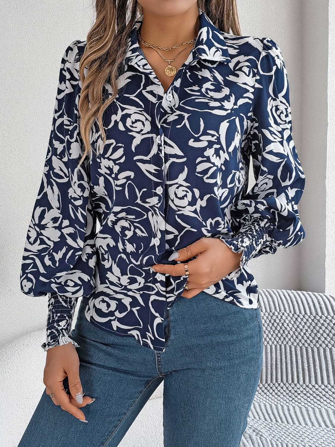 Printed Collared Neck Lantern Sleeve Shirt - Trendsi