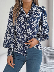 Printed Collared Neck Lantern Sleeve Shirt - Trendsi