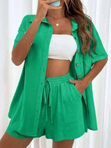 Button Up Shirt and Drawstring Shorts Set - Trendsi - Flyclothing LLC