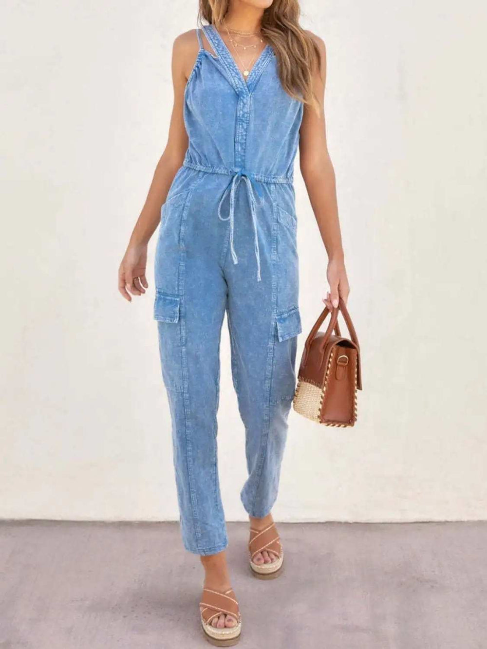 V-Neck Sleeveless Denim Jumpsuit - Trendsi - Flyclothing LLC