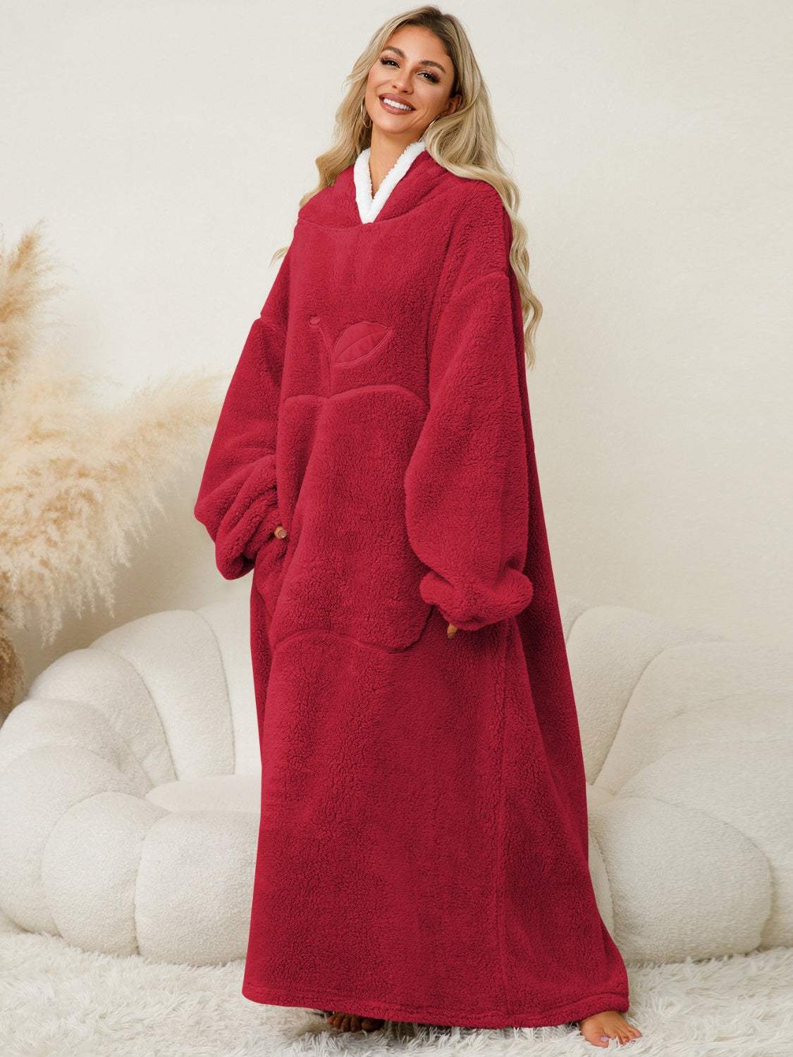 Pocketed Contrast Long Sleeve Hooded Lounge Dress - Trendsi - Flyclothing LLC