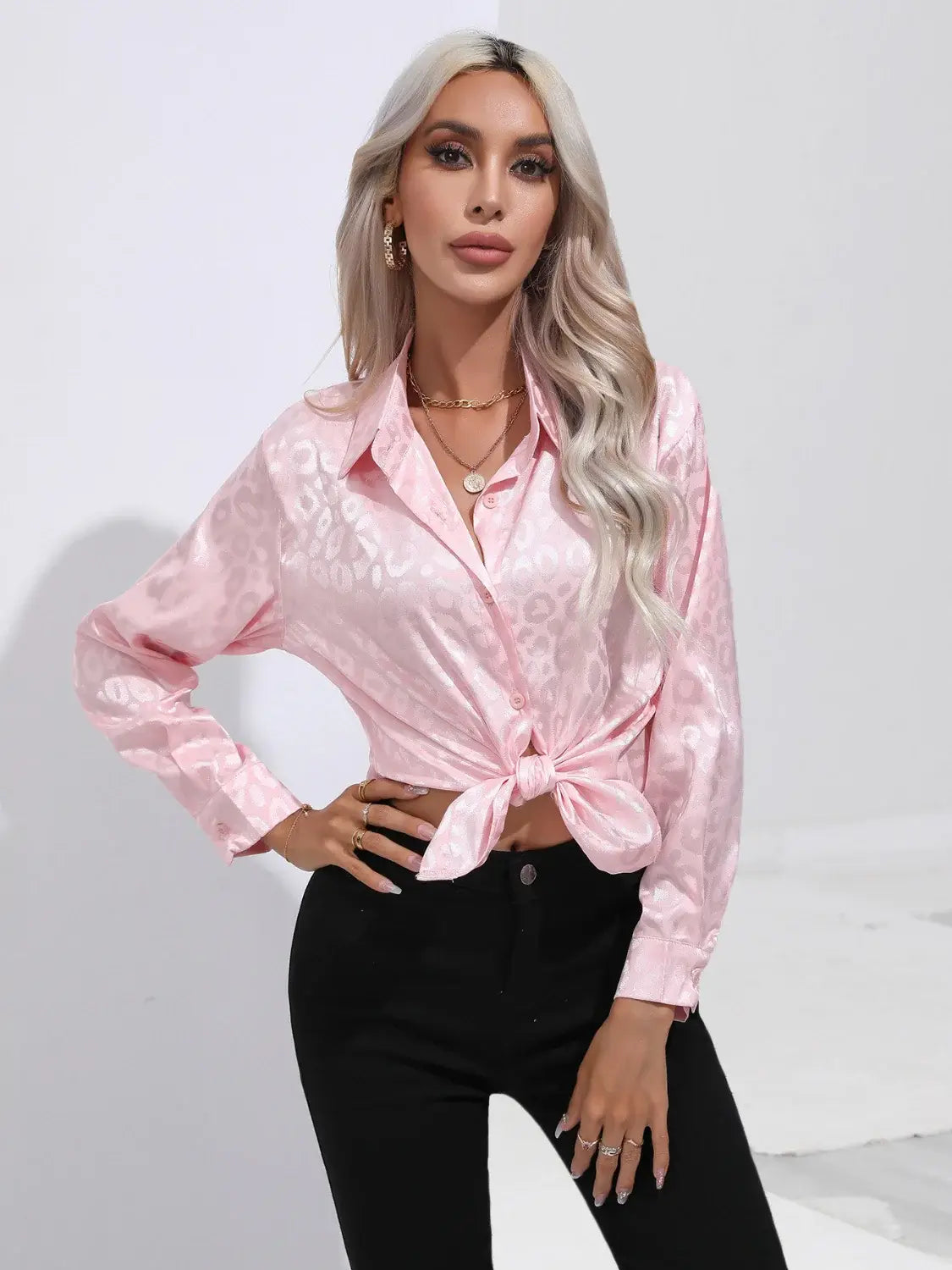 Leopard Collared Neck Long Sleeve Shirt - Trendsi - Flyclothing LLC