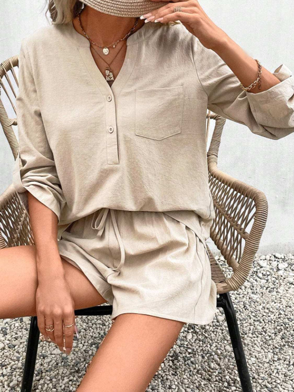 Notched Long Sleeve Top and Shorts Set - Trendsi - Flyclothing LLC