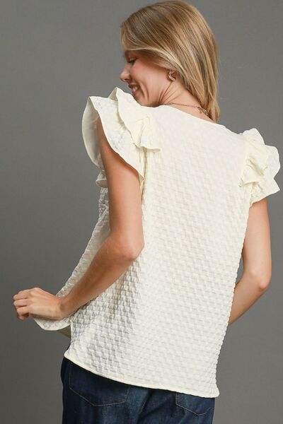 Umgee Full Size Textured Jacquard V-Neck Ruffle Cap Sleeve Blouse Plus Size - Trendsi - Flyclothing LLC