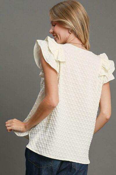 Umgee Full Size Textured Jacquard V-Neck Ruffle Cap Sleeve Blouse Plus Size - Trendsi - Flyclothing LLC