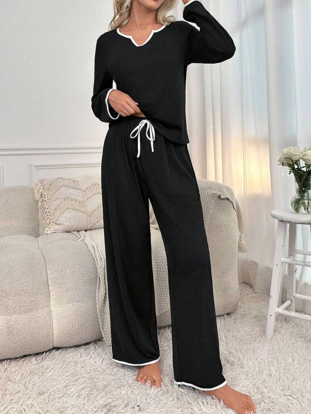 Contrast Trim Notched Long Sleeve Top and Pants Lounge Set - Trendsi