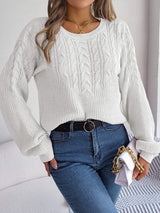 Cable-Knit Round Neck Drop Shoulder Sweater - Trendsi - Flyclothing LLC