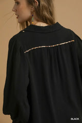 Umgee Full Size Linen Scallop Hem Blouse with Contrast Trim Plus Size - Trendsi - Flyclothing LLC