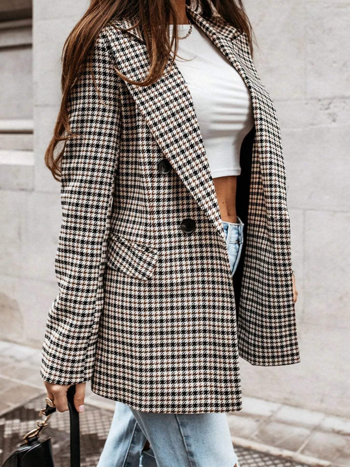 Classic Houndstooth Double-Breasted Blazer - Trendsi - Flyclothing LLC