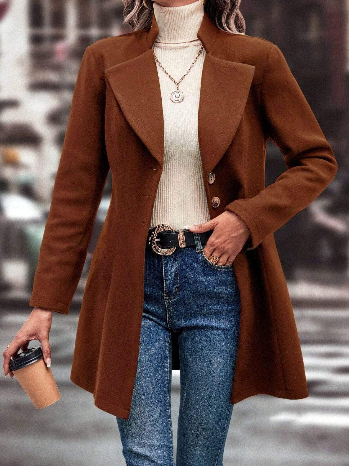 Collared Neck Long Sleeve Longline Coat - Trendsi - Flyclothing LLC