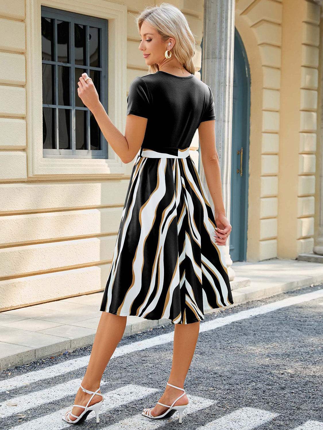 Printed Tie Waist Short Sleeve Dress - Trendsi - Flyclothing LLC