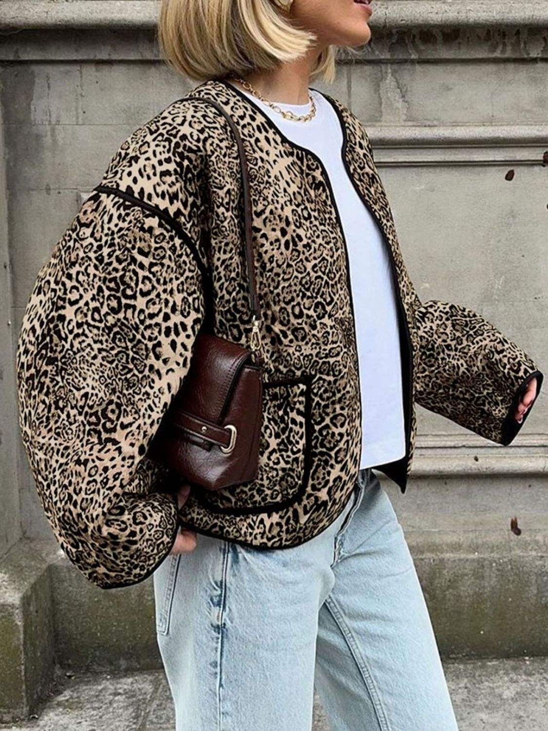 Perfee Leopard Open Front Long Sleeve Jacket - Trendsi - Flyclothing LLC
