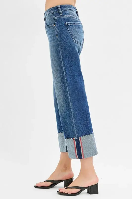 RISEN Full Size Tummy Control Mid Rise Crop Wide Cuffed Jeans Plus Size - Trendsi - Flyclothing LLC