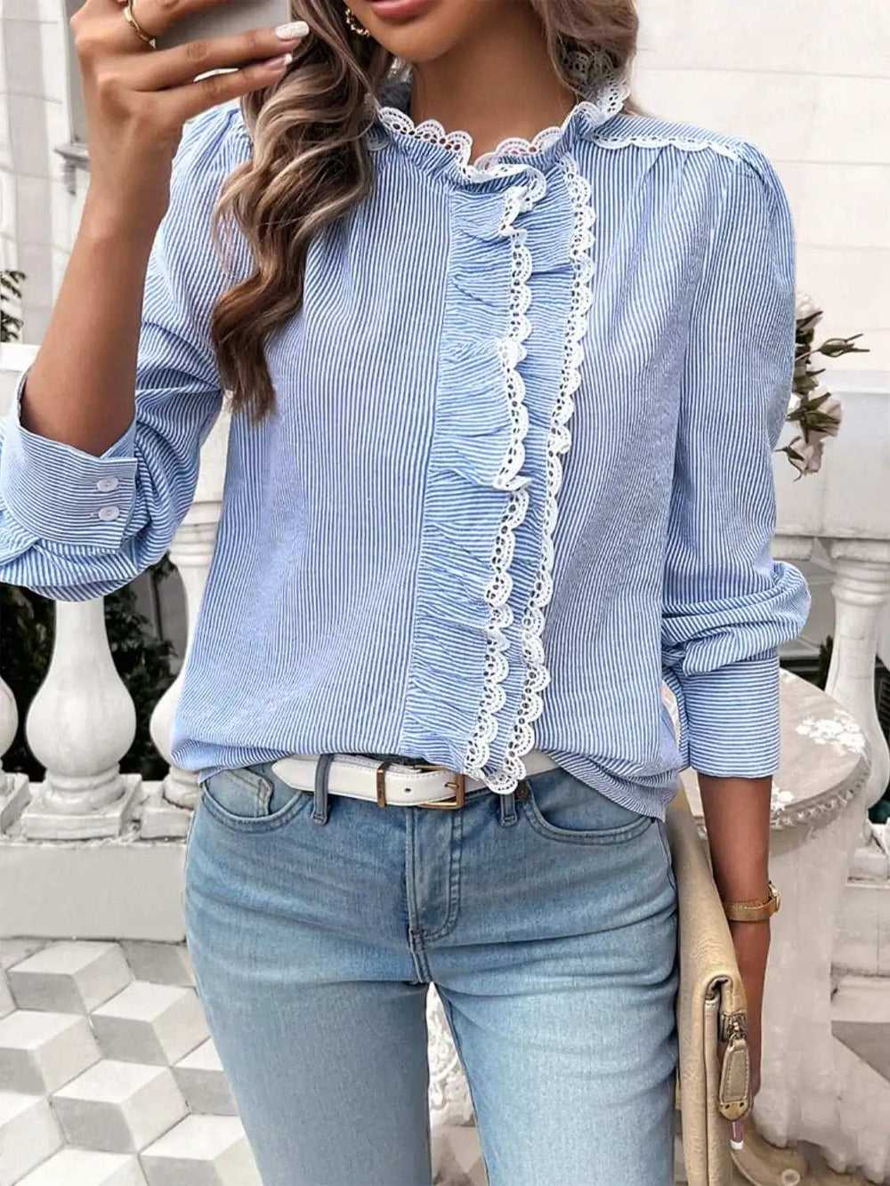 Lace Detail Ruffled Round Neck Long Sleeve Shirt - Trendsi - Flyclothing LLC