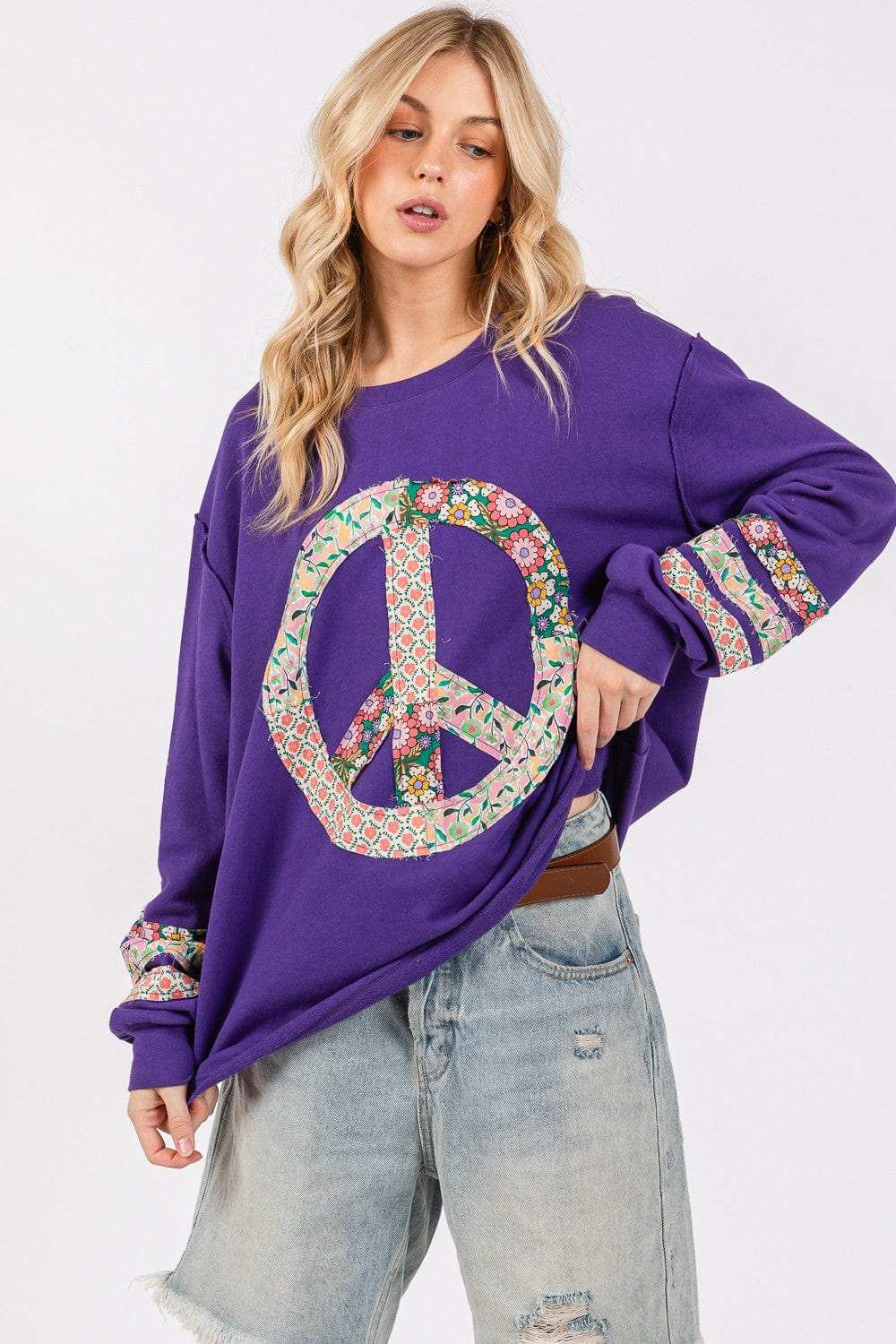 SAGE+FIG Peace Applique Patch Long Sleeve Top - Trendsi - Flyclothing LLC