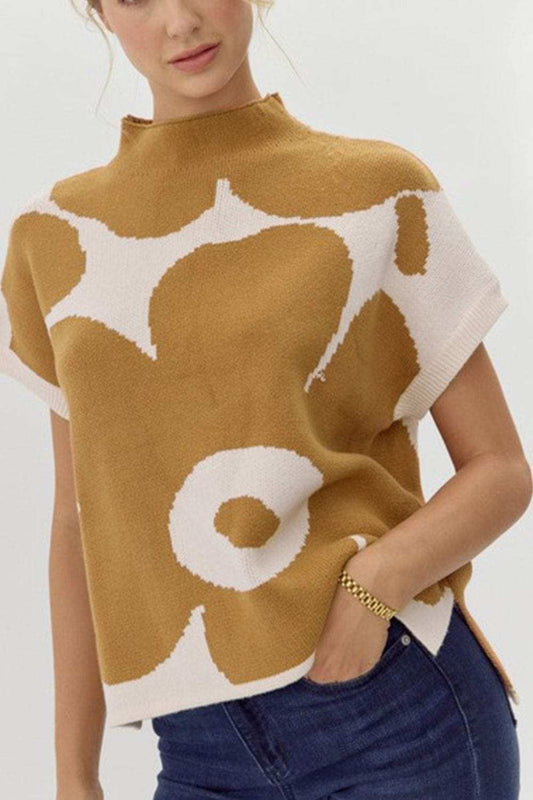 Contrast Flower Mock Neck Short Sleeve Sweater - Trendsi - Flyclothing LLC