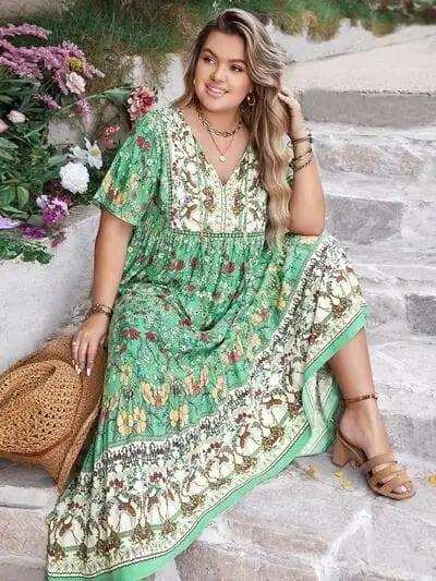 Plus Size Floral Tie Neck Flutter Sleeve Maxi Dress - Trendsi - Flyclothing LLC