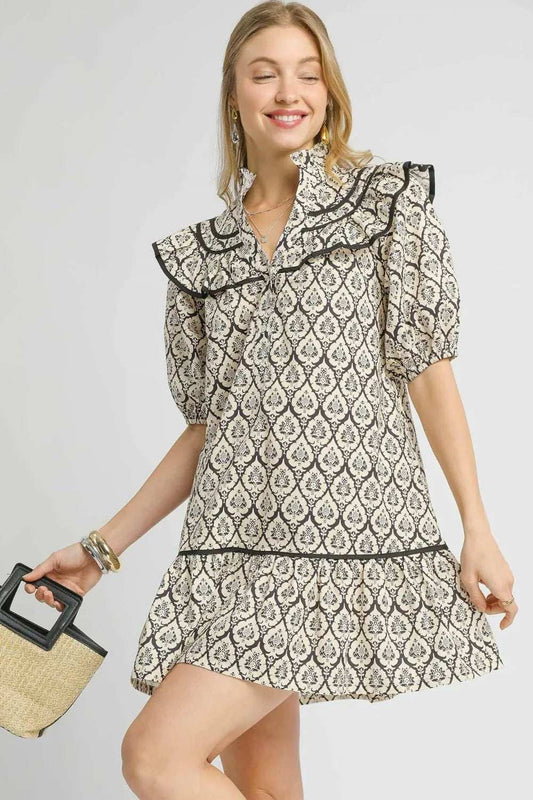 Umgee Ruffled Printed Puff Sleeve Mini Dress - Trendsi - Flyclothing LLC