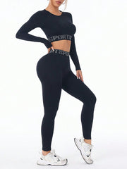Letter Print Round Neck Long Sleeve Top and Leggings Active Set - Trendsi