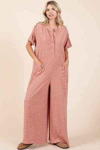 Mittoshop Button Detail Short Sleeve Wide Leg Jumpsuit - Trendsi - Flyclothing LLC