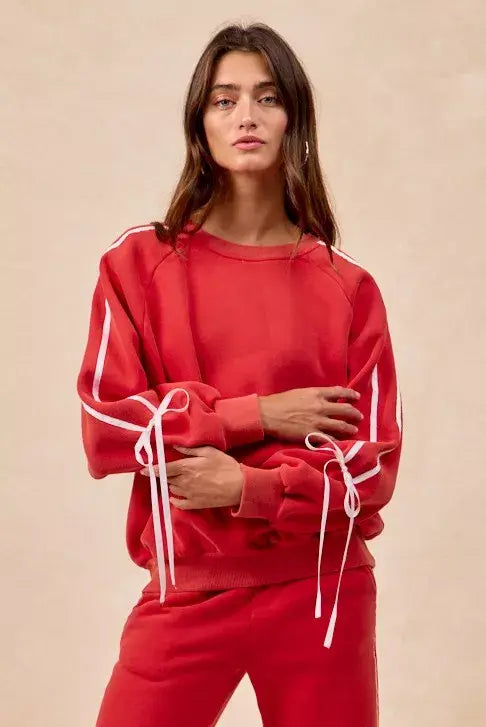 BiBi Side Lined Bow Details Fleece Sweatshirt - Trendsi - Flyclothing LLC