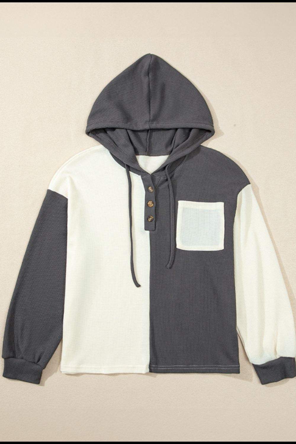 Waffle-Knit Two-Tone Long Sleeve Hoodie - Trendsi - Flyclothing LLC