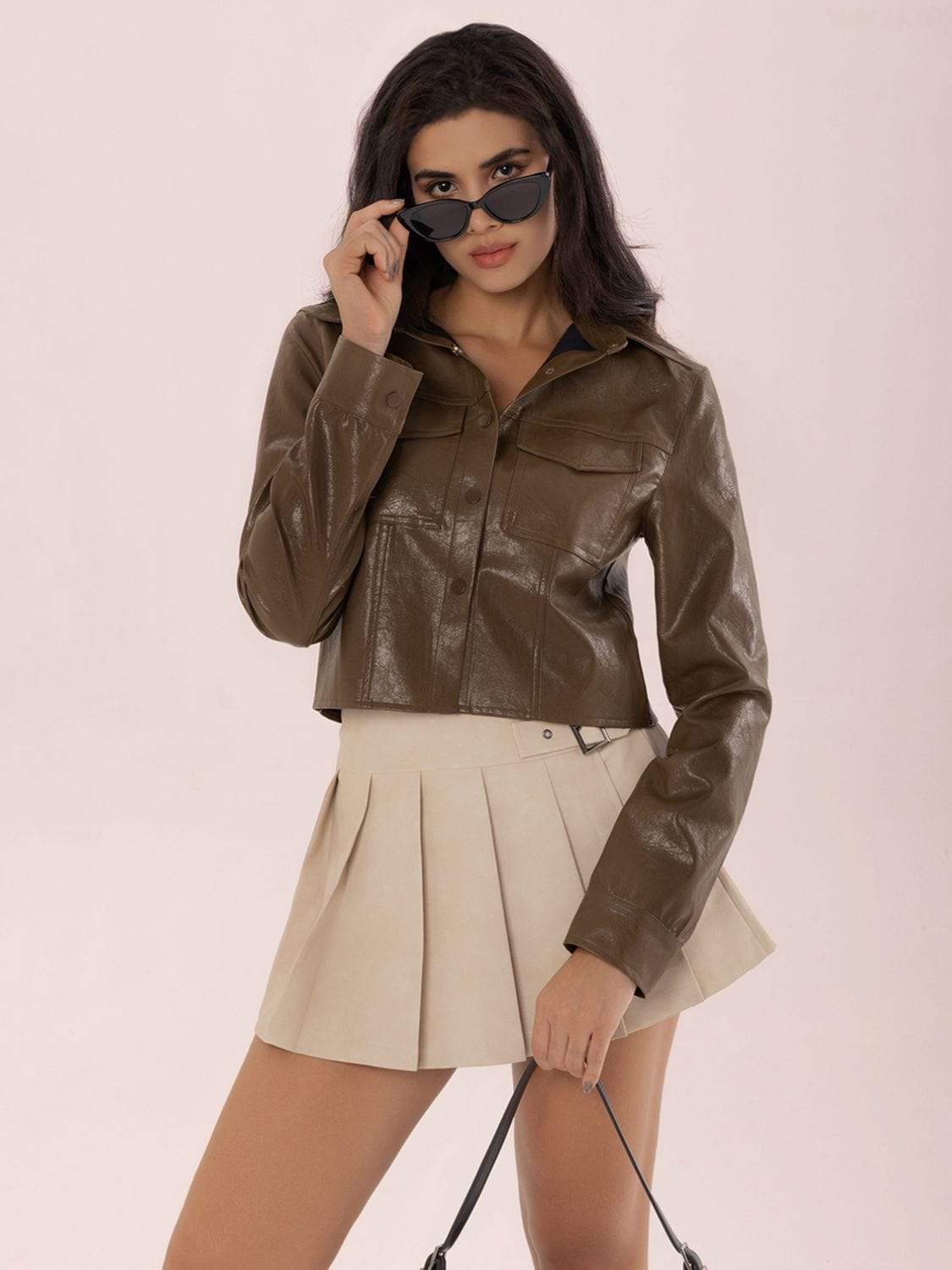 Collared Neck Snap Down Long Sleeve Jacket - Trendsi - Flyclothing LLC
