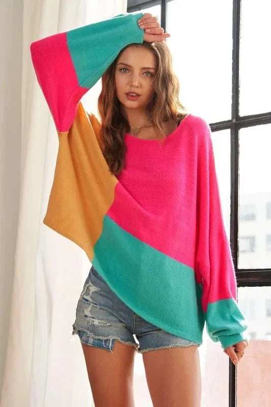 ADORA Loose Fit Colorblock Sweater - Trendsi - Flyclothing LLC