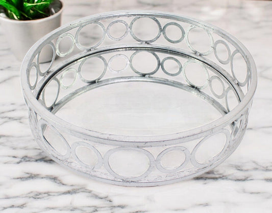 14" Silver Round Metal Geometric Vanity Tray - Homeroots