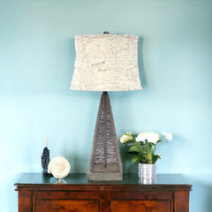 29" Gray Metal Geometric Bedside With White Text Drum Shade - Homeroots