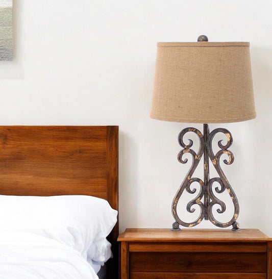 13 X 11 X 23.75 Bronze Vintage Metal Khaki Linen Shade - Table Lamp - Homeroots